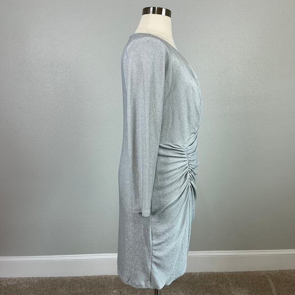 Betsy & Adam Long Sleeve Sheath Cocktail Dress Size 22W Silver Metallic Mini - Picture 3 of 14